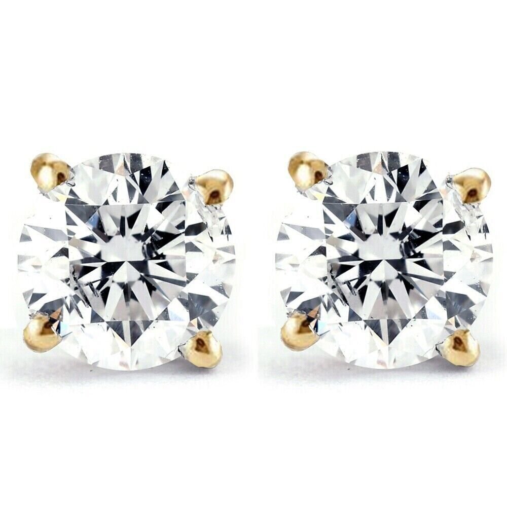 1.30 Carat TW Real Natural Round Diamond Solitaire Stud Earrings 14K Yellow Gold