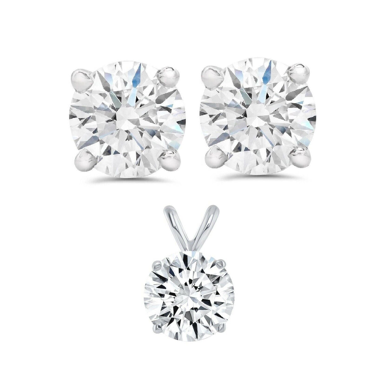 3 Carat Total Natural Diamond Solitaire Necklace & Studs Earrings Set 14k Gold