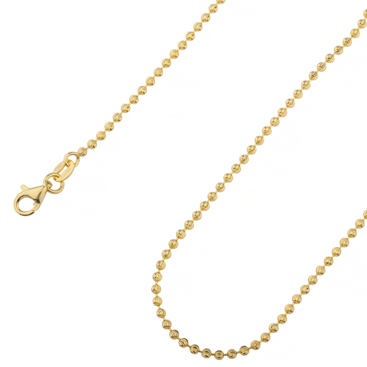925 Sterling Silver 2mm Moon Cut Bead Ball Gold Plated Chain