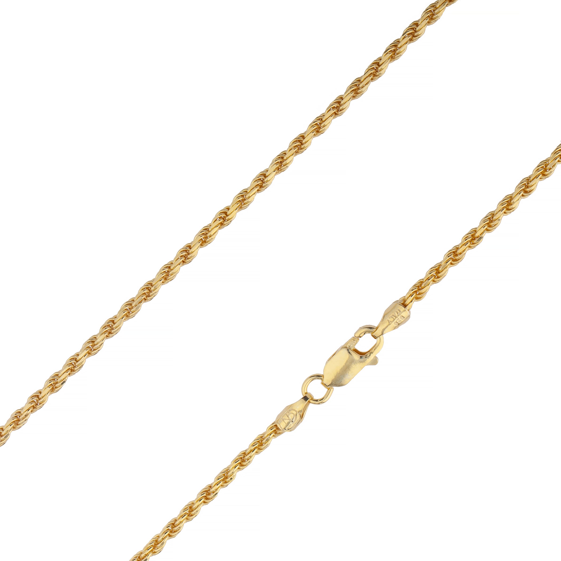 925 Sterling Silver 2.5mm Solid Rope Diamond Cut Gold Plated Chain