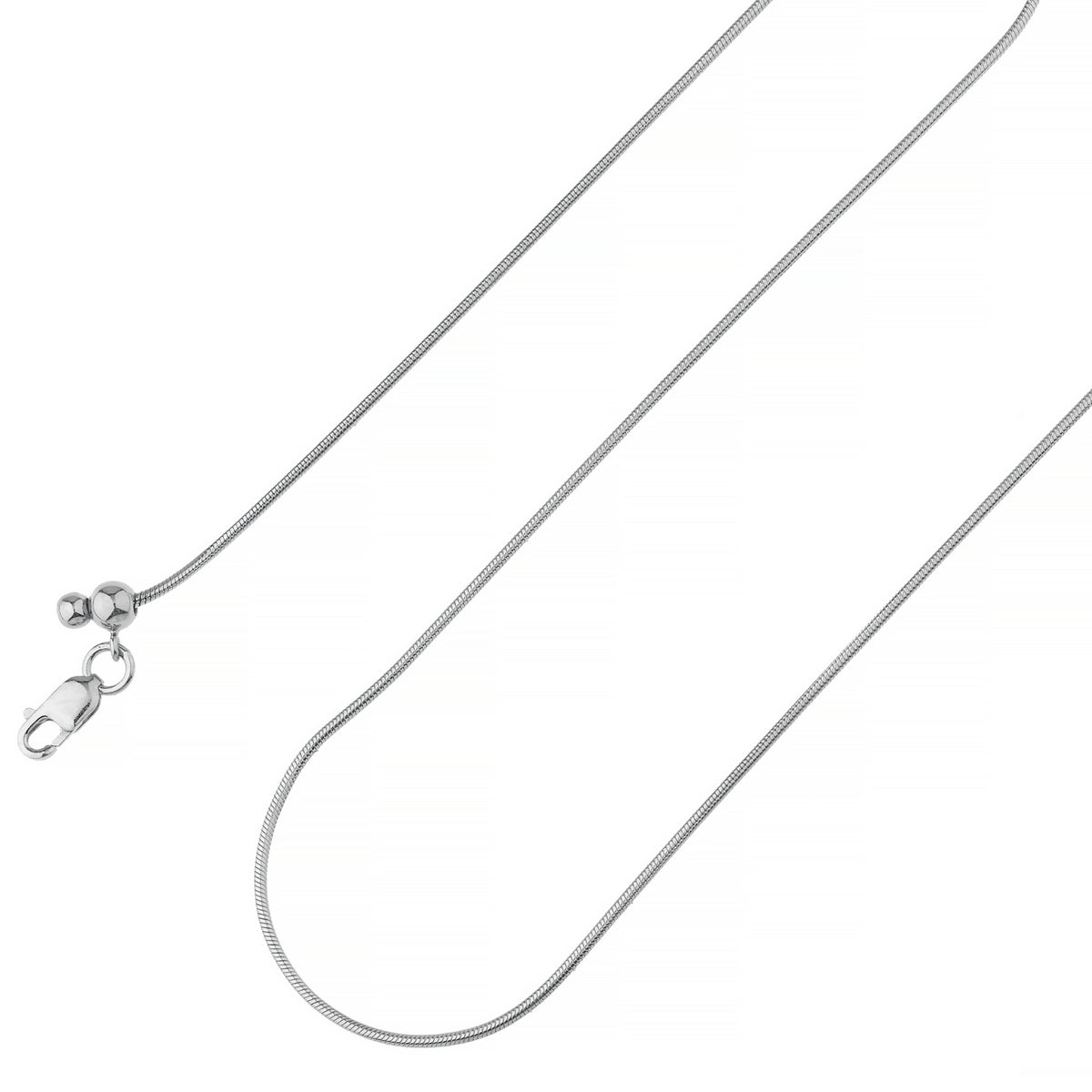 925 Sterling Silver 0.9mm Adjustable Round Snake Rhodium Plated Chain